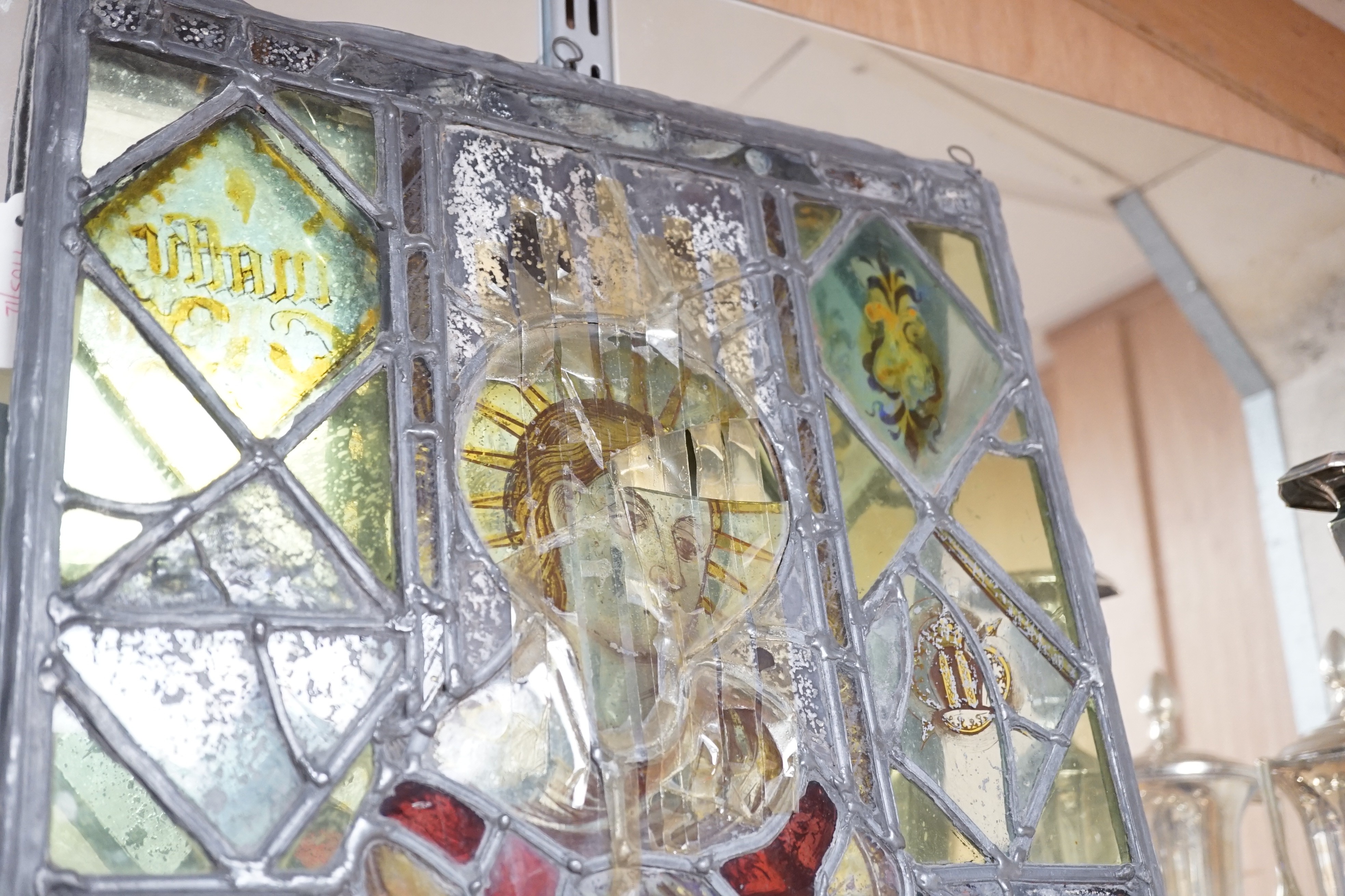 A late 18th century stained glass leaded window, 39cms wide x 49cms high